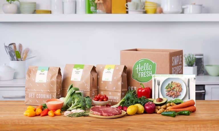 An image of a HelloFresh meal kit displayed on a kitchen counter from the Review of HelloFresh Canada.