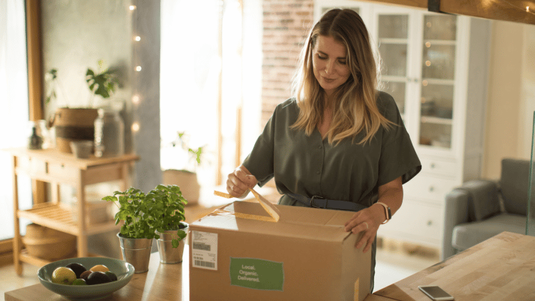 A lady opening a her meal delivery kits on the kitchen table and inspecting the fresh ingredients.