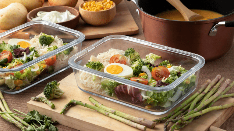 Image of a well-organized meal plan for a week, featuring two transparent meal prep containers filled with a nutritious mix of white rice, boiled egg, fresh broccoli, and salad with sliced tomatoes. On the table, there's a pot of soup and bowls of ingredients like corn and onions, ready for healthy meal preparation. Asparagus and herbs are laid out, suggesting a variety of wholesome dishes to be included in the weekly meal plan.