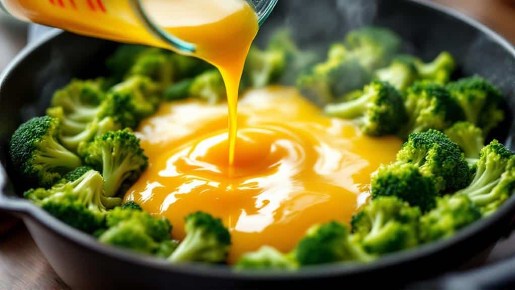 pour eggs over broccoli