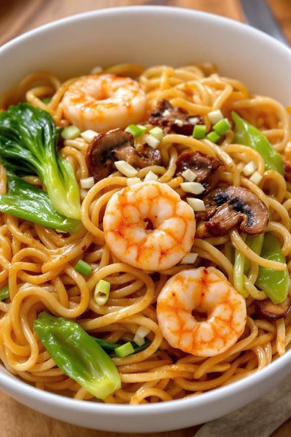 savory shrimp lo mein preparation