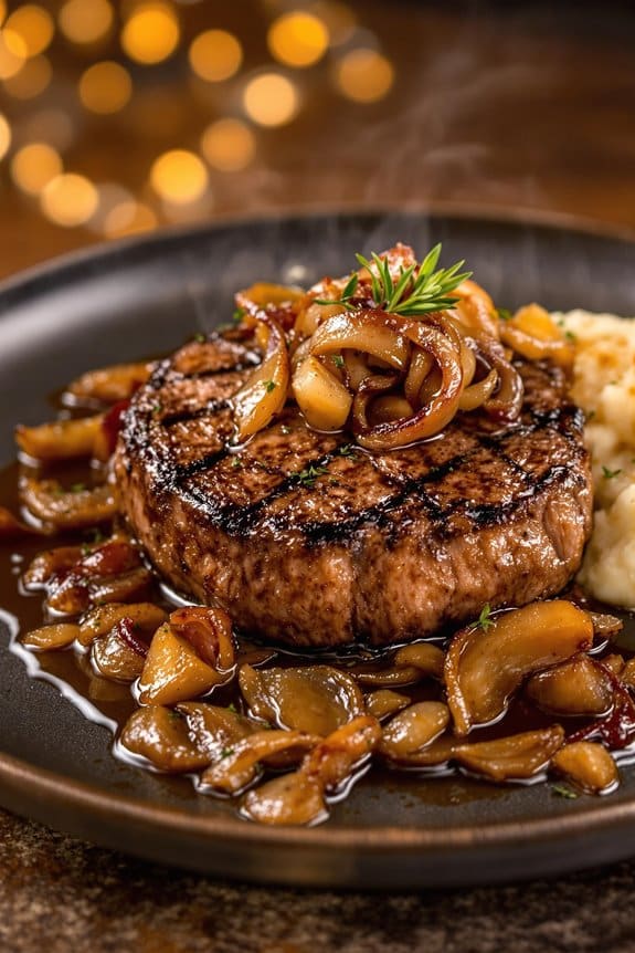 sizzling steak with caramelized onions